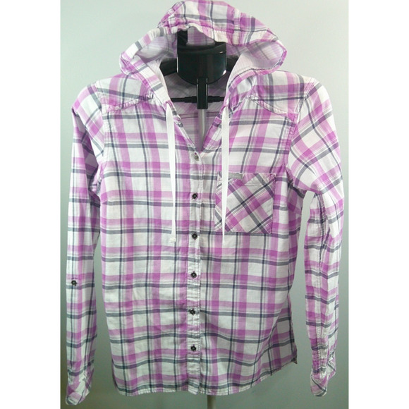 Columbia Hooded Button-down Navy Purple Plaid shirt jacket Women's Small - Picture 5 of 6